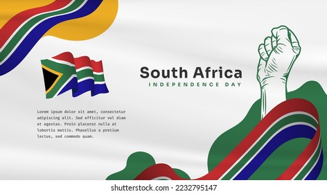 Banner illustration of South Africa independence day celebration with text space. Waving flag and hands clenched. Vector illustration.