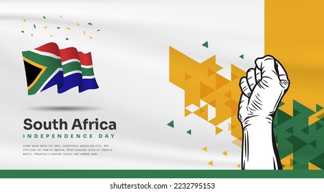 Banner illustration of South Africa independence day celebration with text space. Waving flag and hands clenched. Vector illustration.