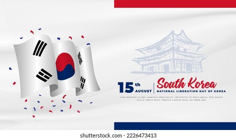 Ilustración de la celebración del Día de la Independencia de Corea del Sur con espacio de texto. Bandera ondeando y las manos apretadas. Ilustración vectorial.