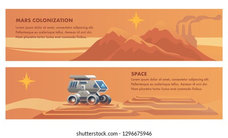 Banner Illustration Space Mission on Red Planet. Set Vector Images Mars Colonization. Panorama Mountains Against Background Silhouette City Settlers. Space Transport to Travel Sandy Surface Mars