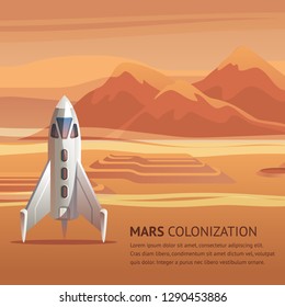 Banner Illustration Space Rocket on Surface Mars. Vector Image Panorama Red Planet. Mars Colonization Group Astronauts. Shuttle Preparing for Strat in Background Mountain Landscape. Space Exploration.