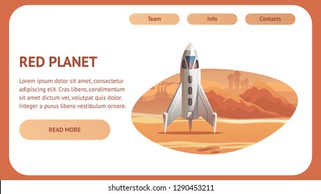 Banner Illustration Spaceship Surface Red Planet. Vector Shuttle Long Flight for Delivery Astronaut to Mars. Colonization New World. Exploring Lifeless Planet. Space Exploration. Scientific Discovery