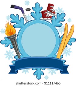 Banner Illustration of Sporting Gear Gathered Around a Giant Snowflake