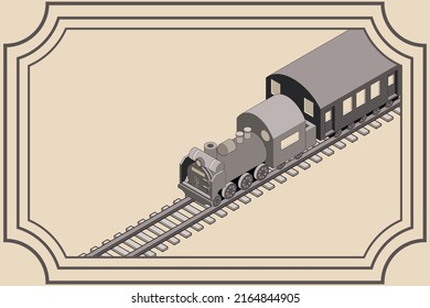 Banner Illustration Of A Steam Locomotive Running On A Railroad Track, Simple Isometric In 3D Monochrome. Copy Space And Frame Available. Main Line Available. Tourism Concept.