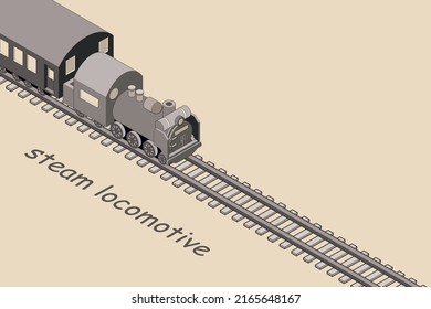 Banner illustration of a steam locomotive running on a railroad track, simple isometric in 3D monochrome. Copy space available. Main line available. Tourism concept.