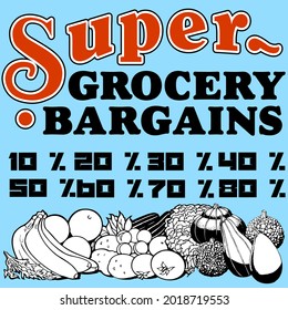 Banner illustration of super grocery deals with percent and products 