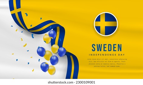 Banner illustration of Sweden independence day celebration with text space. Waving flag and hands clenched. Vector illustration.
