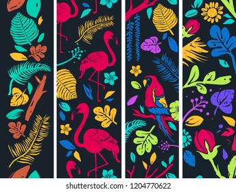 Banner Illustration of Tropical Leaves, Flowers, Flamingo and Parrot Birds