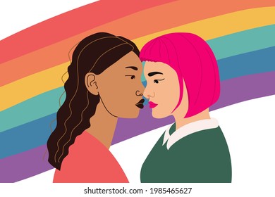 Banner illustration with two girls in love with lgbt flag. Poster with representatives of the lgbt community. The right to free relations of non-traditional couples. Tolerance for lesbian couples.