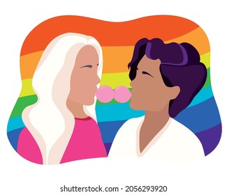 Banner illustration with two girls in love with lgbt flag. The girls inflate the gum. Poster with representatives of the lgbt community. The right to free relations of non-traditional couples. 