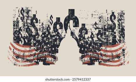 Banner or illustration of the US Capitol Building in Washington DC in grunge style with American flag and dollar signs in the background.
Suitable for  t-shirt design