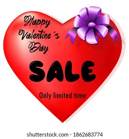 Banner illustration for Valentine's day Sale.Beautiful red Heart background with inscription "Happy Valentines Day.Sale. Only limited time"