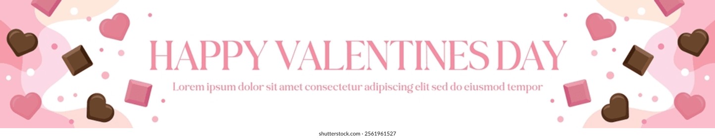 A banner illustration for 'Valentine's Day', a day when lovers give each other chocolates. There are heart-shaped chocolates on a pink background.