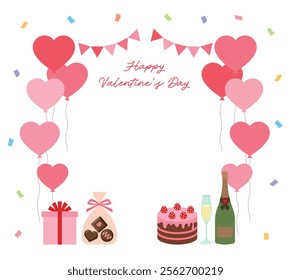 A banner illustration for 'Valentine's Day', a day when lovers give each other chocolates. The party concept includes heart balloons, garlands, gift boxes, chocolates, cake, champagne, and wine.