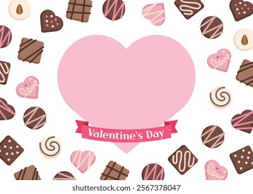 A banner illustration for 'Valentine's Day', a day when lovers give each other chocolates. There is a pink heart frame on a background of chocolates of various shapes.