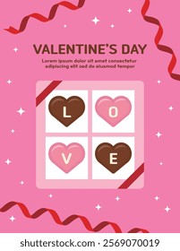 A banner illustration for 'Valentine's Day', a day when lovers give each other chocolates. Heart shaped chocolate gift illustration.