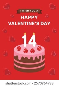 A banner illustration for Valentine's Day, a day when lovers give each other chocolates. Illustration of a strawberry chocolate cake with a number 14 candle on a heart-shaped pattern background.