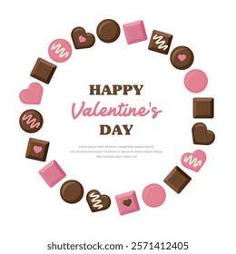 A banner illustration for 'Valentine's Day', a day when lovers give each other chocolates. Chocolate border frames in various shapes such as hearts, circles, squares, etc.