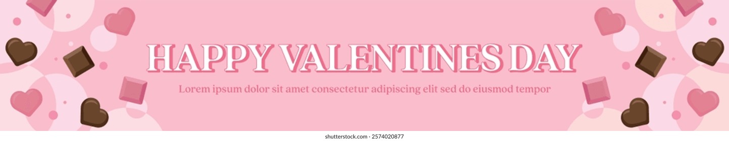 A banner illustration for 'Valentine's Day', a day when lovers give each other chocolates. There are heart-shaped chocolates on a pink background.