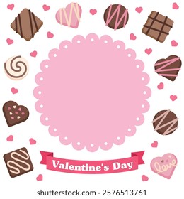 A banner illustration for 'Valentine's Day', a day when lovers give each other chocolates. There is a frame on a chocolate background of various shapes.