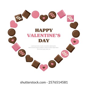 A banner illustration for 'Valentine's Day', a day when lovers give each other chocolates. A heart-shaped border frame with chocolates in various shapes such as hearts, circles, and squares.