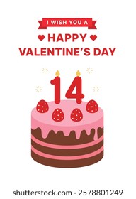 A banner illustration for Valentine's Day, a day when lovers give each other chocolates. Illustration of strawberry chocolate cake with number 14 candle.