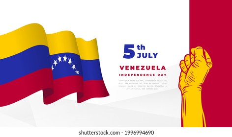 Banner illustration of Venezuela independence day celebration. Waving flag and hands clenched. Vector illustration.