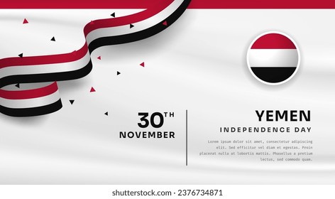 Banner illustration of Yemen independence day celebration with text space. Waving flag and hands clenched. Vector illustration.