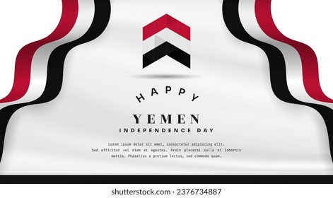 Banner illustration of Yemen independence day celebration with text space. Waving flag and hands clenched. Vector illustration.