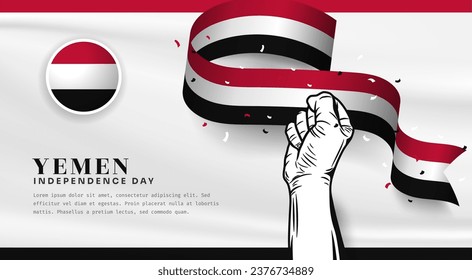 Banner illustration of Yemen independence day celebration with text space. Waving flag and hands clenched. Vector illustration.