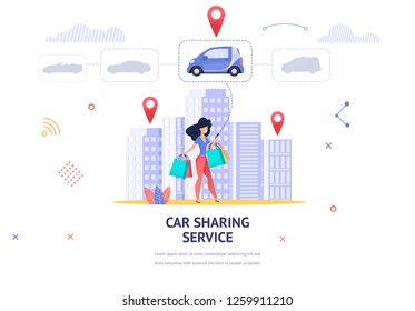 Banner Illustration Young Girl Online Choose Car. Vector Image Woman with Packages her Hand Uses Mobile App Car Sharing Service. Choose Car for Trip Home from Shopping Mall. Serve to Client Location