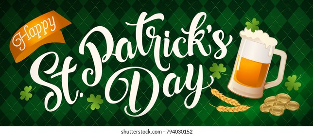 Banner illustrations for celebrating St. Patrick's Day. Mug of beer, gold, clover.