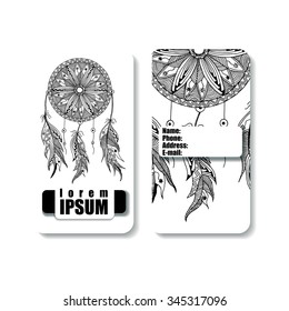 banner with the image of a Dreamcatcher and feathers hand drawn in the style of zentangle and Doodle