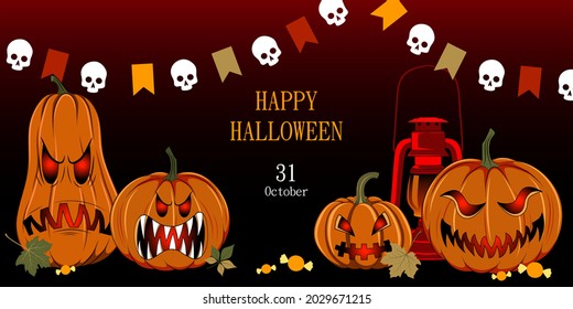 Banner with the image of evil pumpkins. Happy Halloween. Template for banner, postcard, flyer, poster.