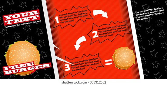 Banner with the image of fast food burger, red paper cup with lid and straw, fast food logos. Coffee shop.