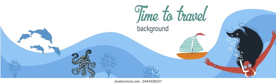 Banner with image of girl diving, dolphins, octopus. Place for text. Background of summer vacation. Color flat vector illustration. Vector horizontal banner.