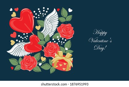 Banner with the image of hearts, sweets, roses, gift. Template for postcards, banners, flyers. Valentine's Day.