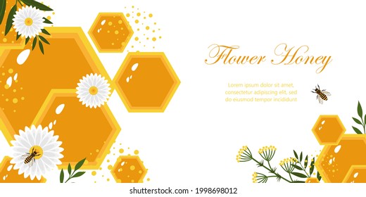 Banner with the image of honeycombs, flowers and bees. Template for flyer, banner, postcard.