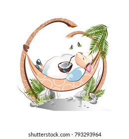 Banner with the image of lamb that rests in a hammock with a coconut cocktail.