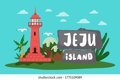 Banner with image of the main attractions of the south korean island Jeju and the inscription. Mountaines, waterfalls, red lighthouse, tropical plants in botanical garden, volcano peaks with grass