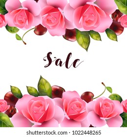 Banner with the image of pink roses with cherries on a white background with text for your creativity.