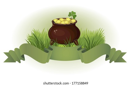 Banner with the image of the pot with coins and ribbon for a holiday St. Patrick's Day 