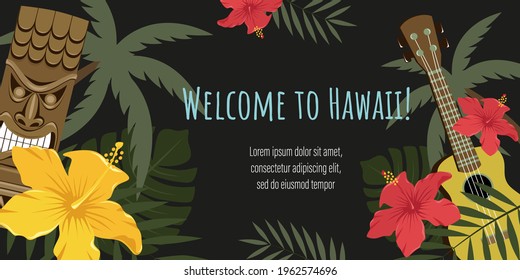 Banner with the image of a statue of Tiki, guitar, palm leaves, flowers. An invitation to Hawaii. Template for banner, flyer, postcard.