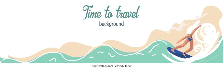 Banner with the image of a surfer girl. Place for text. Background of summer vacation. Color flat vector illustration. Summer banner with surfer girl. Vector horizontal banner.