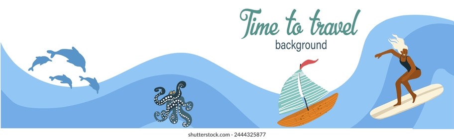 Banner mit dem Bild eines Surfermädchens. Platz für Text. Hintergrund der Sommerferien. Flache Vektorillustration in Farbe. Vektorgrafik Horizontaler Banner.