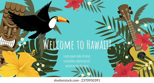 Banner with an image of a Tiki statue, guitar, palm leaves, flowers, toucan. Invitation to Hawaii. Template for banner, flyer, postcard.