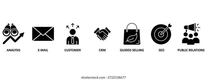 Banner des Inbound-Marketing Web-Vektorgrafik-Konzept mit Symbolen der Analyse, E-Mail, Kunde, crm, geführten Verkauf, SEO, Öffentlichkeitsarbeit