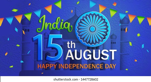 Banner for Independence Day of India. Happy holiday on 15th August. Background with Ashoka Wheel, flags in national colors, confetti. Great for posters, flyers, cards.Vector illustration