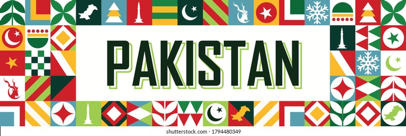 Banner for Independence day of Pakistan on 14th august. Pakistan National day celebration. Different colorful icons in squares representing Pakistani culture & tourism for tourists. Life in Pakistan.