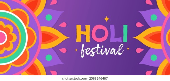  Banner for indian Holi festival of colors. Colorful mandala on a purple background.